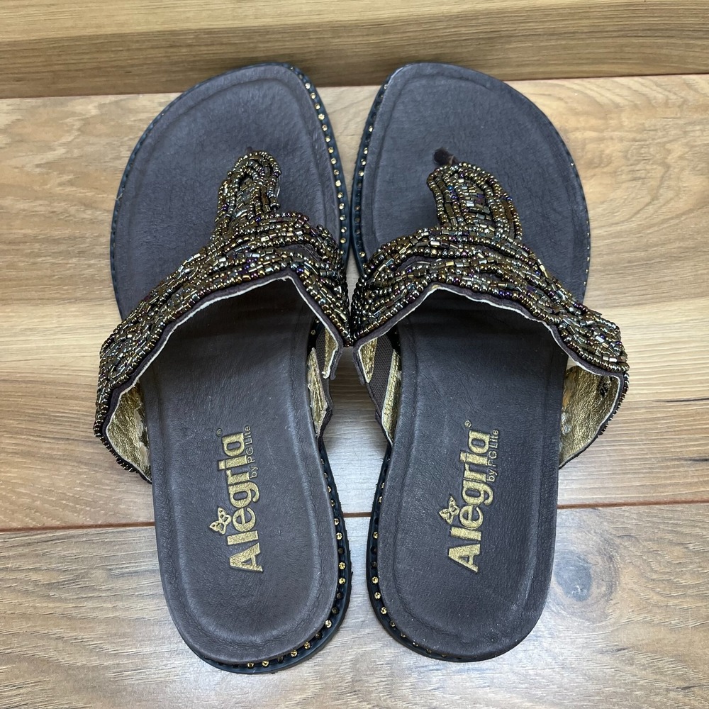 Alegria Tangoh‎ Womens Sandals Size 8 EU 38 Bronze Studded Beaded  Flip Flops - Picture 7 of 10